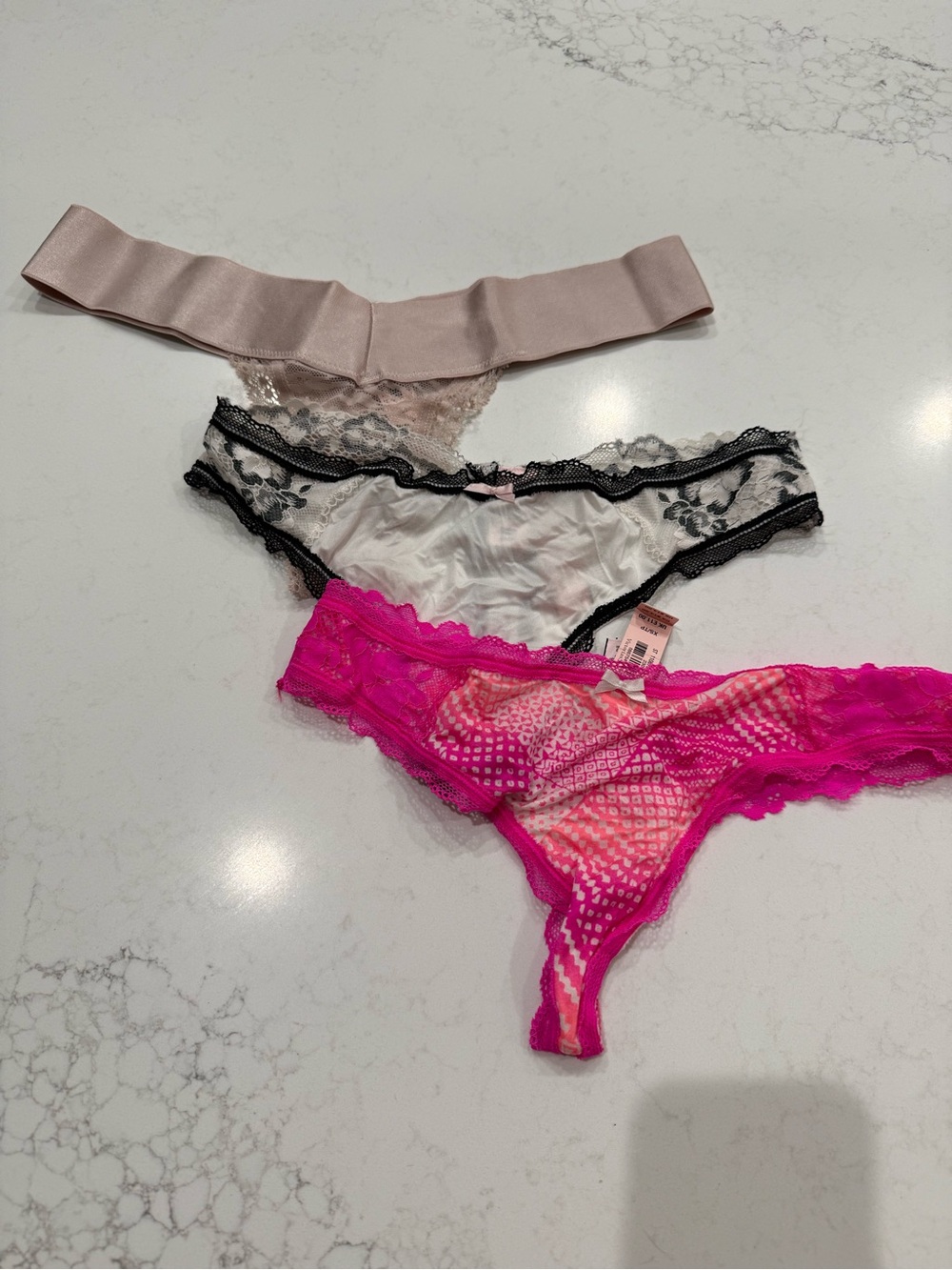 Women’s Lace & Satin Thong Set - Pink, Black, Blush (3) pairs total size XSmall